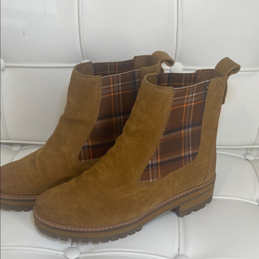 Timberland Brown Suede Chelsea Booties with Plaid Panels